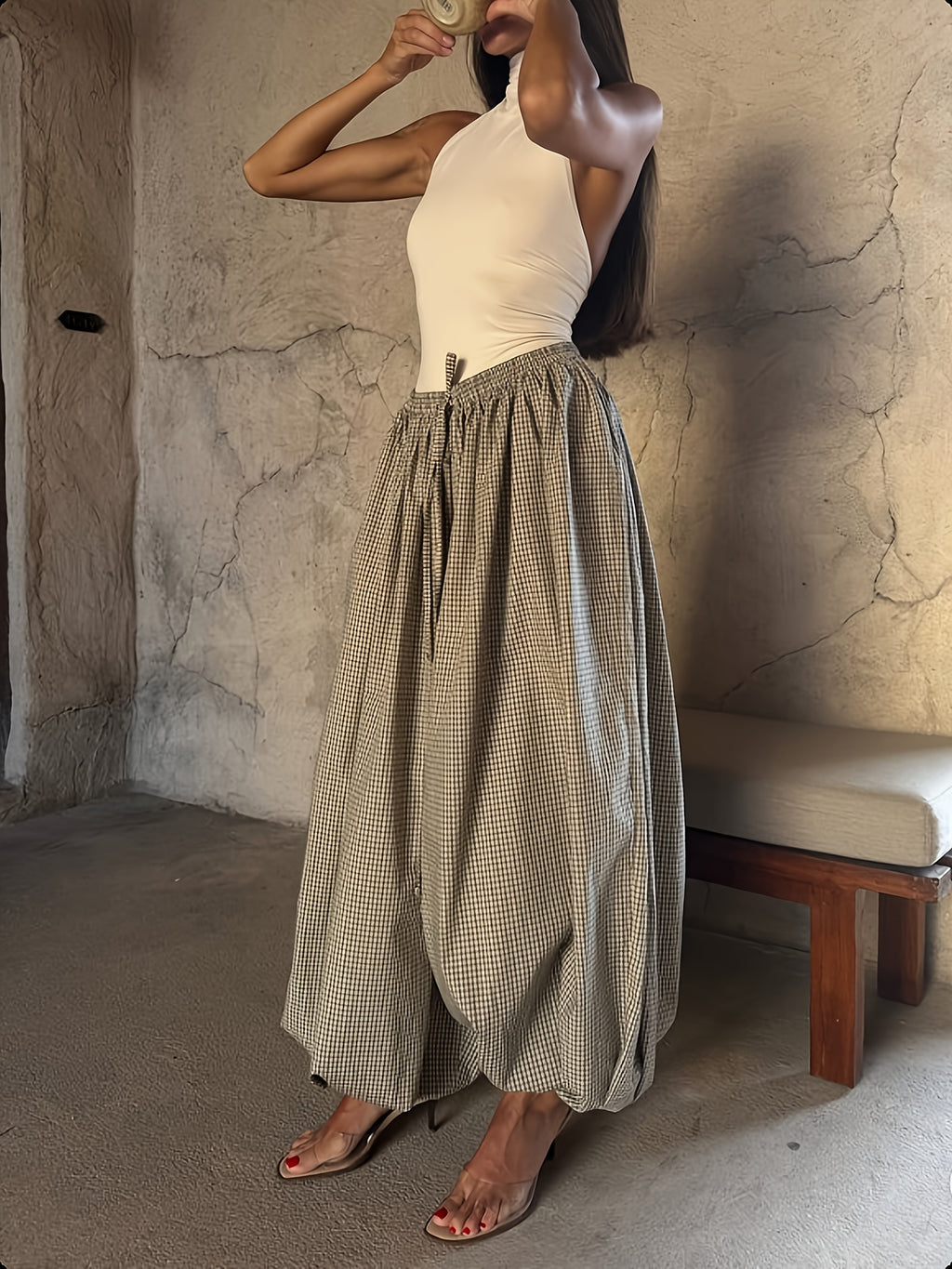 WY1020057 Women's Fashion Casual Oversized Wide-Leg Lantern Plaid Pants with Side Pockets and Elastic Waistband - Mixed colors