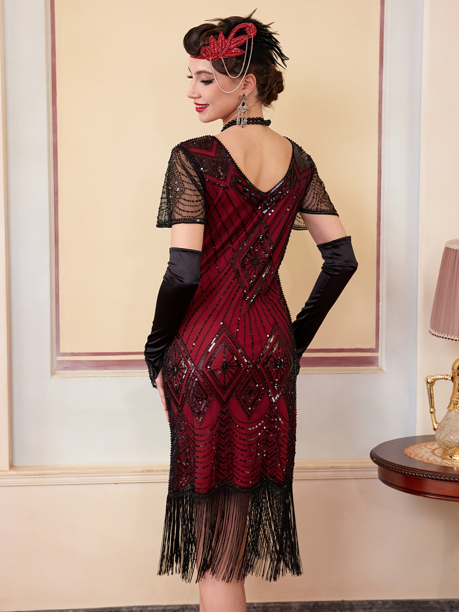 1920S Vintage Sequin Skirt Gatsby Ball Fringe Dress Party Evening Dance Dress Sequined Gown (Dress Solely, No Gloves) - Black&Red