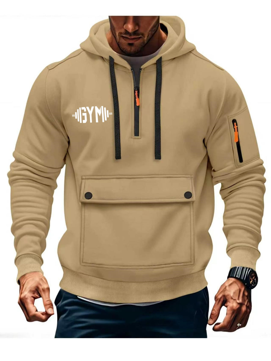 American-style Casual Men's Pullover Hoodie with Half-zipper Neckline, Utility-style Multi-pocket Design, "GYM" Fitness Letter Print, Simple, Stylish, and Versatile Long-sleeve Sweatshirt - Khaki