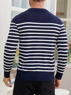 Men's Spring, Autumn, Winter Round Neck Long Sleeve Casual 2pcs Set Base Layer Shirt, Two-Tone Striped Sweater, Basic Pullover, Color-Block Knit Top - Navy Color