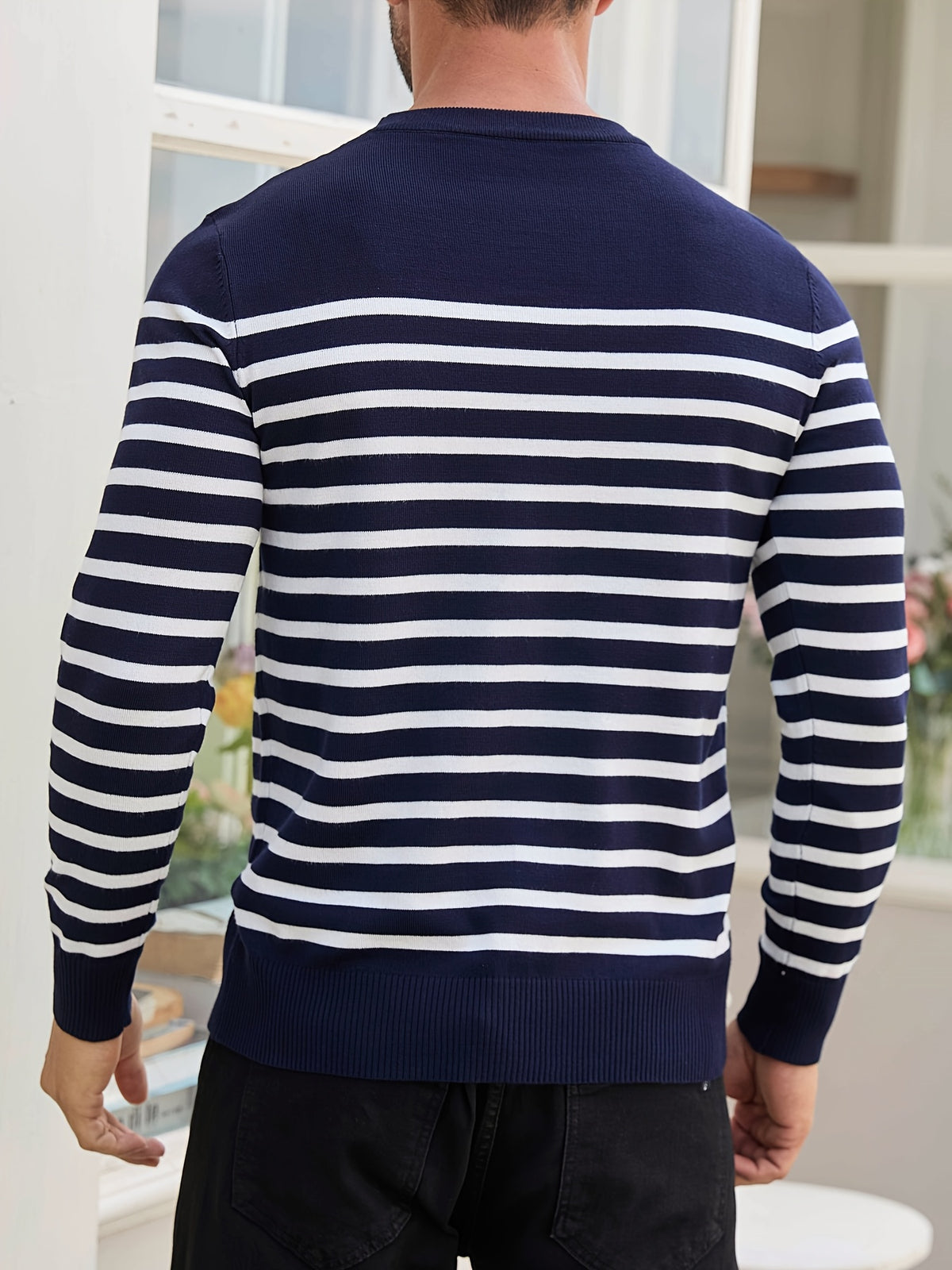 Men's Spring, Autumn, Winter Round Neck Long Sleeve Casual 2pcs Set Base Layer Shirt, Two-Tone Striped Sweater, Basic Pullover, Color-Block Knit Top - Navy Color