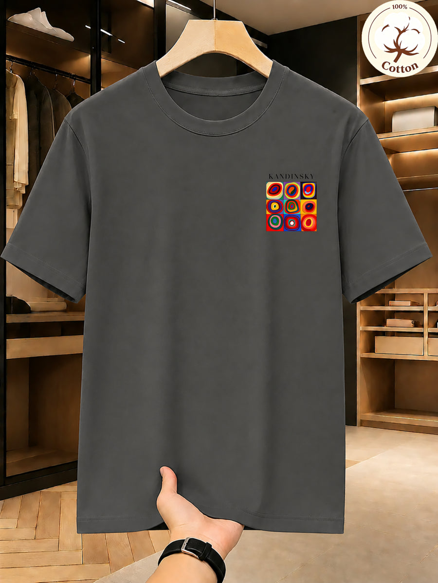 New High Quality Men's T Shirt 100% Cotton, Artistic Geometric Colorful Squares Print, Casual Daily Wear Streetwear Fashion, Short Sleeve Round Neck Top Machine Washable - Grey
