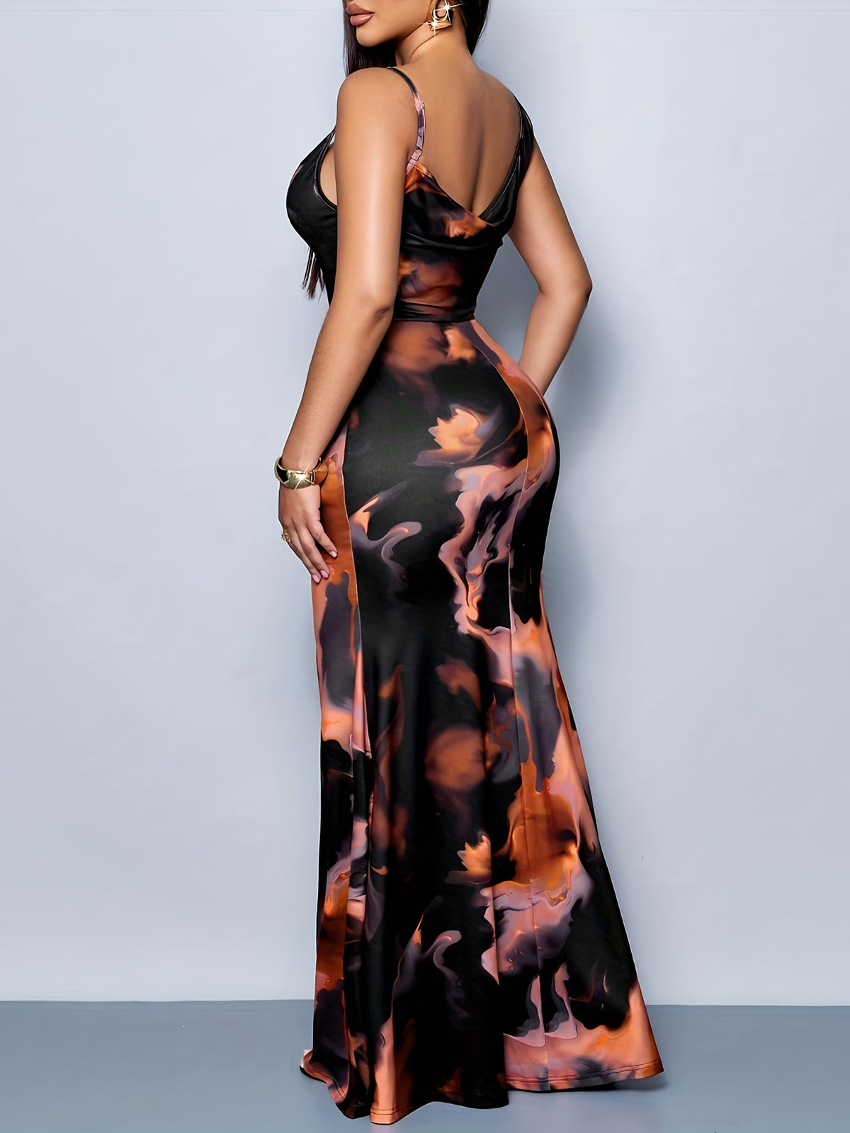 Black Sleeveless Dress with Orange Floral Print, Contrasting Color Accents, Shoulder Straps, and a Fishtail Hem, Perfect for Fashionable Parties or Casual Summer Holidays - Multicolor