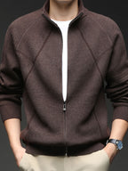 Men's Stand Collar Full-Zip Knit Cardigan, Long Sleeve Outerwear, Ribbed Neckline, Cuffs, and Hem, Two-Way Zipper - SINBOS - Coffee Color