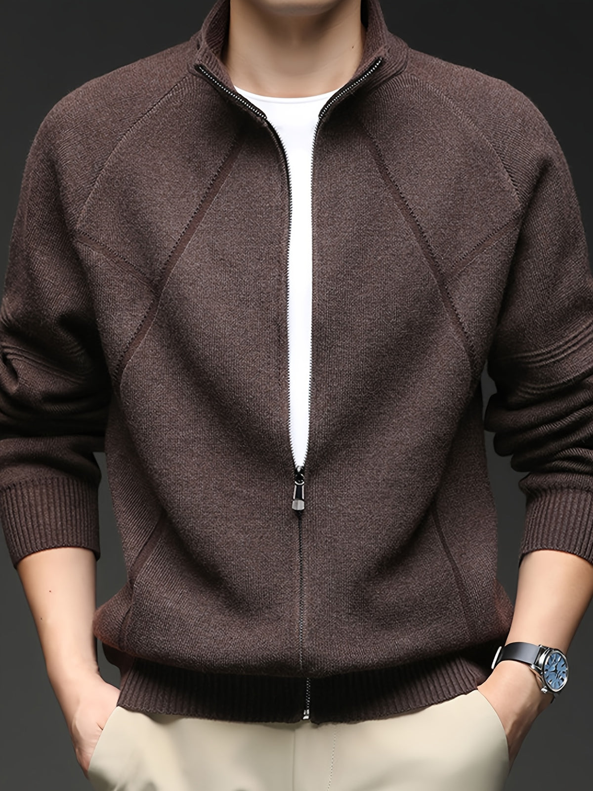 Men's Stand Collar Full-Zip Knit Cardigan, Long Sleeve Outerwear, Ribbed Neckline, Cuffs, and Hem, Two-Way Zipper - SINBOS - Coffee Color