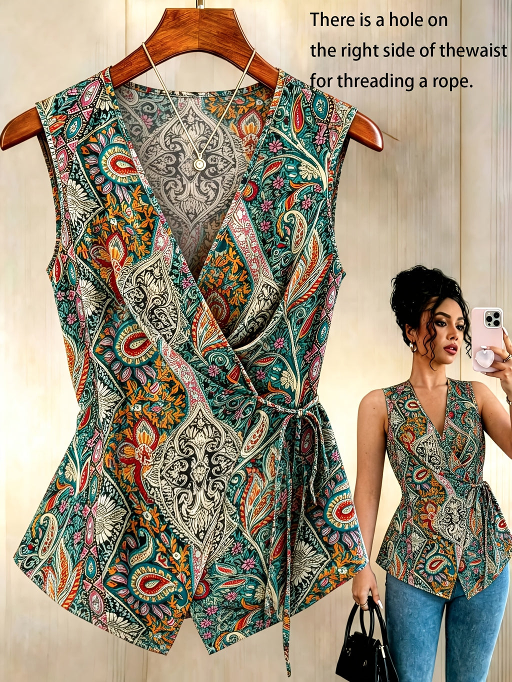 Women'S New Paisley Top, V-Neck Cross-Tie Sleeveless Slim Shirt, Fashion Casual Vest Suitable for Work, Vacation, Dating, Multi-Purpose Summer - Mixed Color 3