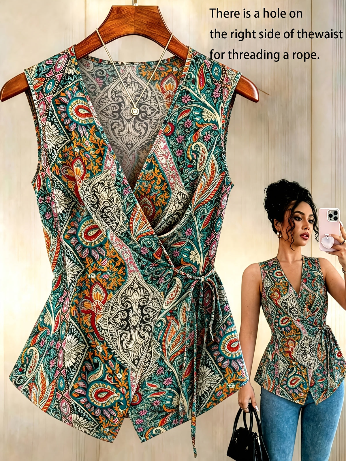 Women'S New Paisley Top, V-Neck Cross-Tie Sleeveless Slim Shirt, Fashion Casual Vest Suitable for Work, Vacation, Dating, Multi-Purpose Summer - Mixed Color 3