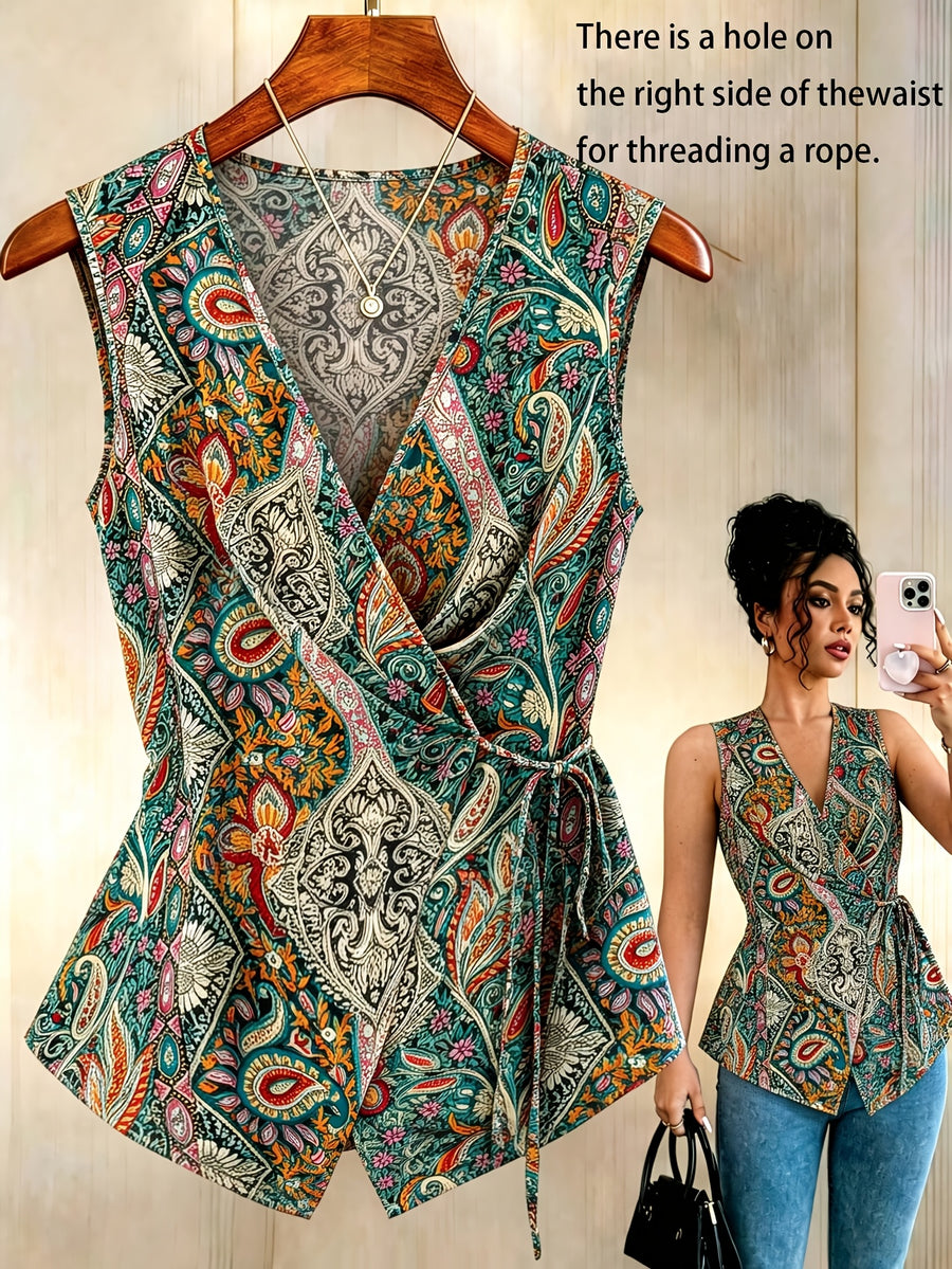 Women'S New Paisley Top, V-Neck Cross-Tie Sleeveless Slim Shirt, Fashion Casual Vest Suitable for Work, Vacation, Dating, Multi-Purpose Summer - Mixed Color 3