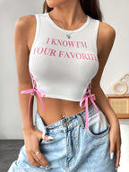 Women's Slogan Print Tie-Up Side Crop Tank Top, Ladies' Fashion Vest Top, Drawstring Sexy Sleeveless - White