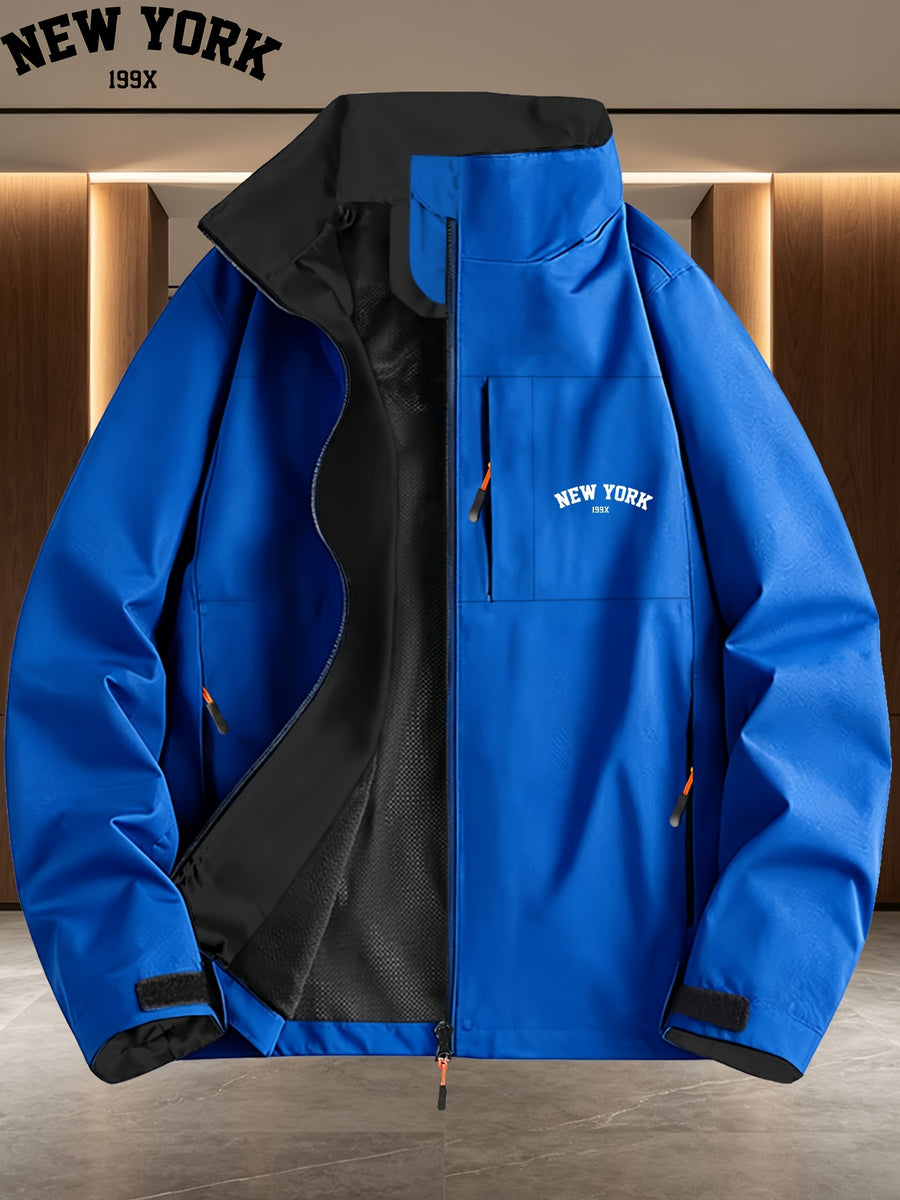 NEW-YORK199X Patterned Contrast Lining Full-Zip Stand Collar Windproof Jacket, Unisex Spring/Autumn White Multi-Pocket Outdoor Windbreaker - Royal Blue
