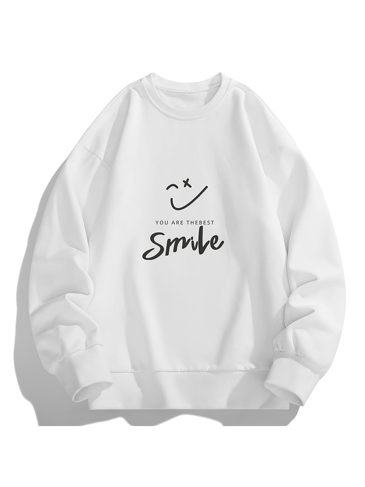 Men's Crew Neck Sweatshirt, Spring & Autumn Joyful Face Letter Print Pullover Top, Youth Loose Casual Versatile LongSleeve Base Shirt - White
