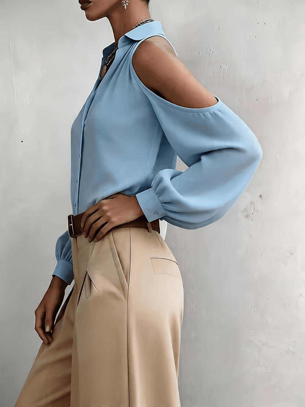 Women's Elegant Top, Summer Off-Shoulder Solid Color Blouse, for Commuting, Dating, and Daily Versatile Wear, with Lapel Collar and Buttons, Solid Color Long Sleeve Shirt ASD1 - Deep Sky Blue