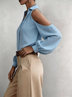 Women's Elegant Top, Summer Off-Shoulder Solid Color Blouse, for Commuting, Dating, and Daily Versatile Wear, with Lapel Collar and Buttons, Solid Color Long Sleeve Shirt ASD1 - Deep Sky Blue