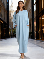 1pc Autumn/Winter Fashion Simple Pullover Abaya Sweatshirt Dress, Modest Muslim Home Casual Wear - Powder blue