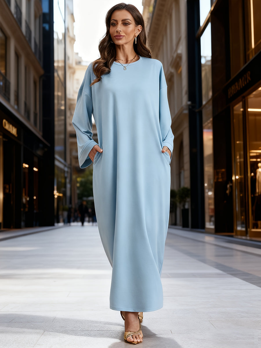 1pc Autumn/Winter Fashion Simple Pullover Abaya Sweatshirt Dress, Modest Muslim Home Casual Wear - Powder blue