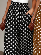 Fashionable Elegant Polka Dot Print Wide-Leg Pants, Commute Vacation Versatile Casual Trousers 2pcs Set - Black+Brown