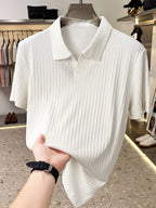 Men'S Vertical Striped V-Neck Knit Shirt, Summer Lapel Men'S Short-Sleeved T-Shirt, Solid Color Striped POLO Shirt, Casual Business Versatile Top, Commuting Men'S Clothing, Temperament Men'S Top - White