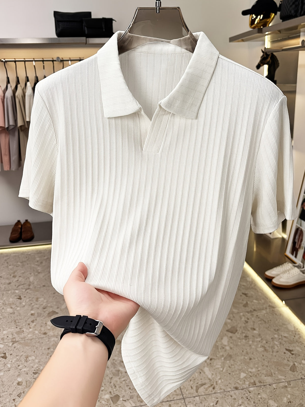 Men'S Vertical Striped V-Neck Knit Shirt, Summer Lapel Men'S Short-Sleeved T-Shirt, Solid Color Striped POLO Shirt, Casual Business Versatile Top, Commuting Men'S Clothing, Temperament Men'S Top - White