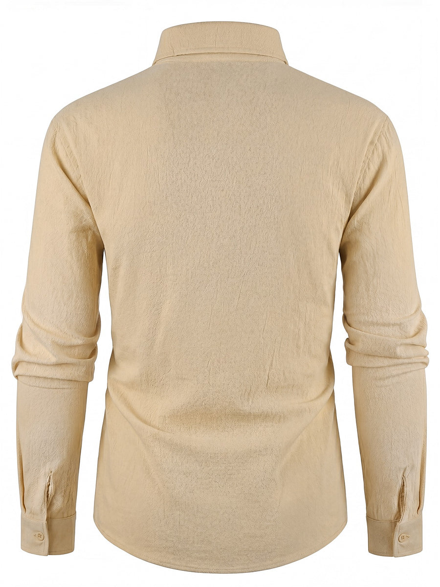 Spring/Autumn Men's California Letter Print Linen Shirt, Long Sleeve Lapel Button-Up Casual Beach Top - Khaki