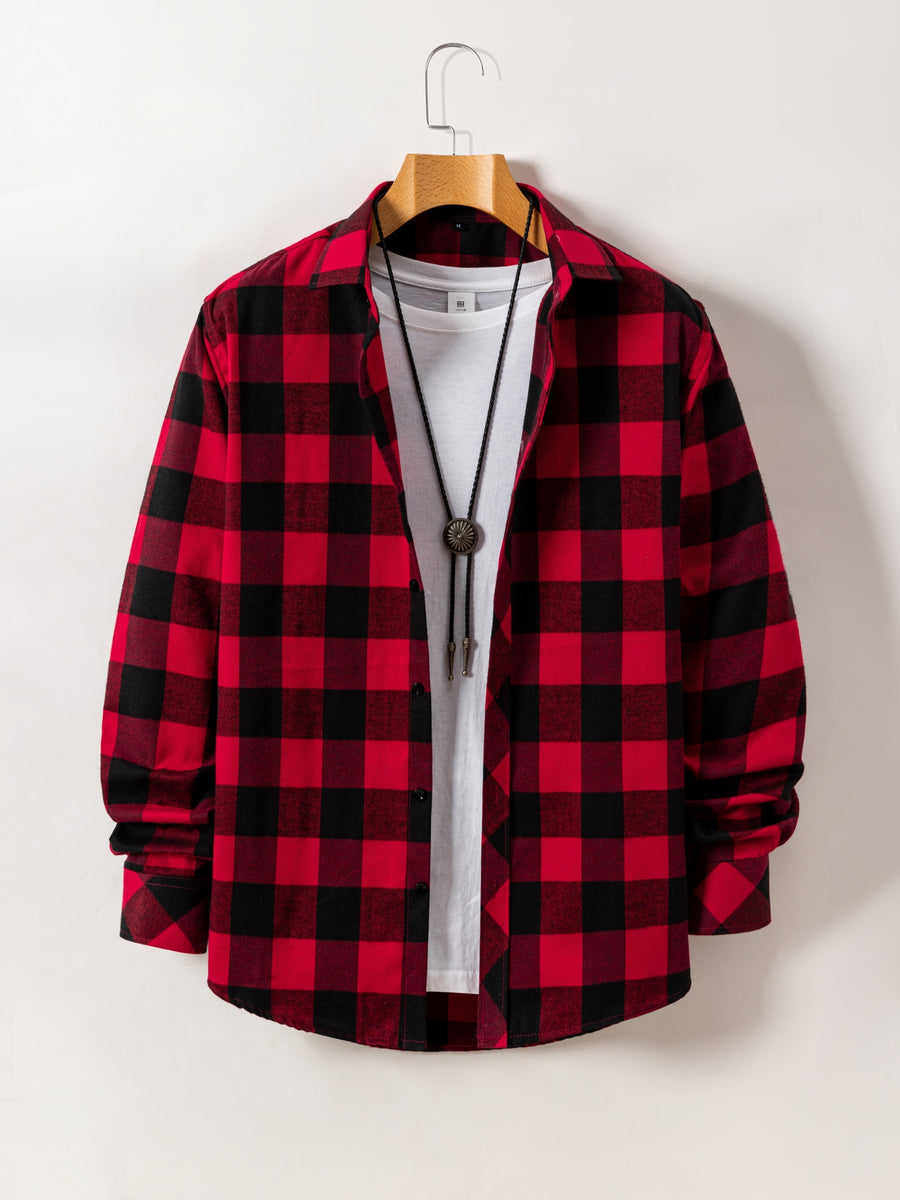 New Trendy Men'S Brushed Checkered Shirt Fall Winter Casual Jacket Outerwear - Red