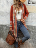 25th Anniversary Sweater Holiday Style New Arrival, Four Seasons Versatile Women's Clothing, Contrast Color Geometric Pattern with Hem Tassel Design, Long Elegant Long Sleeve Cardigan Coat - Orange-Red
