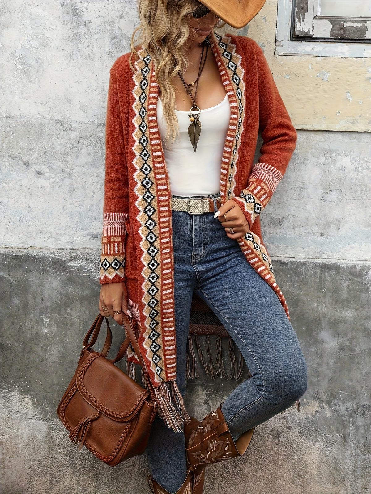 25th Anniversary Sweater Holiday Style New Arrival, Four Seasons Versatile Women's Clothing, Contrast Color Geometric Pattern with Hem Tassel Design, Long Elegant Long Sleeve Cardigan Coat - Orange-Red