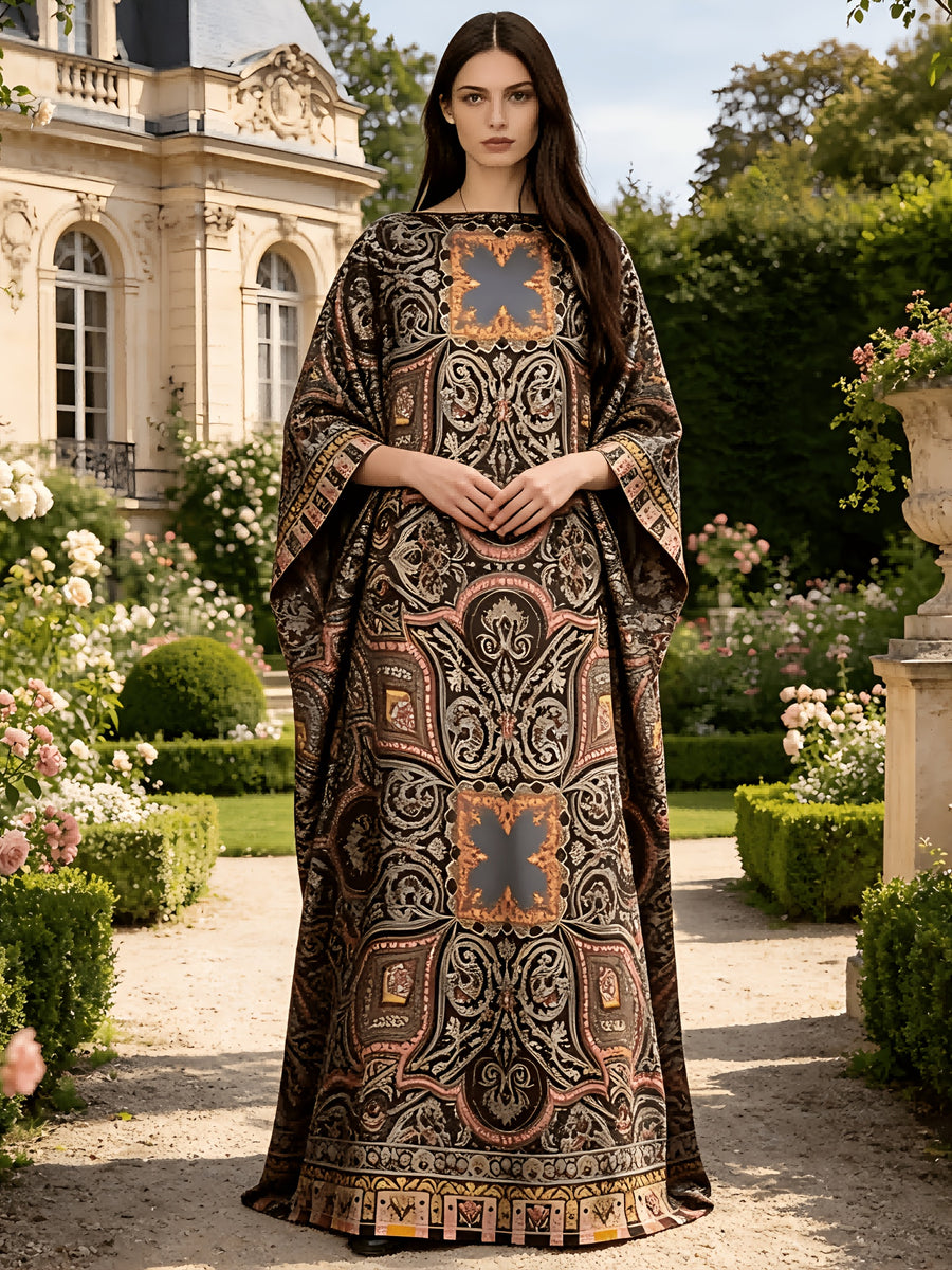Plus Size, Black Background Baroque Palace Retro Scroll Grass Print Plus Size Women's Robe Long Skirt Boat Collar Loose Batwing Sleeves - Black