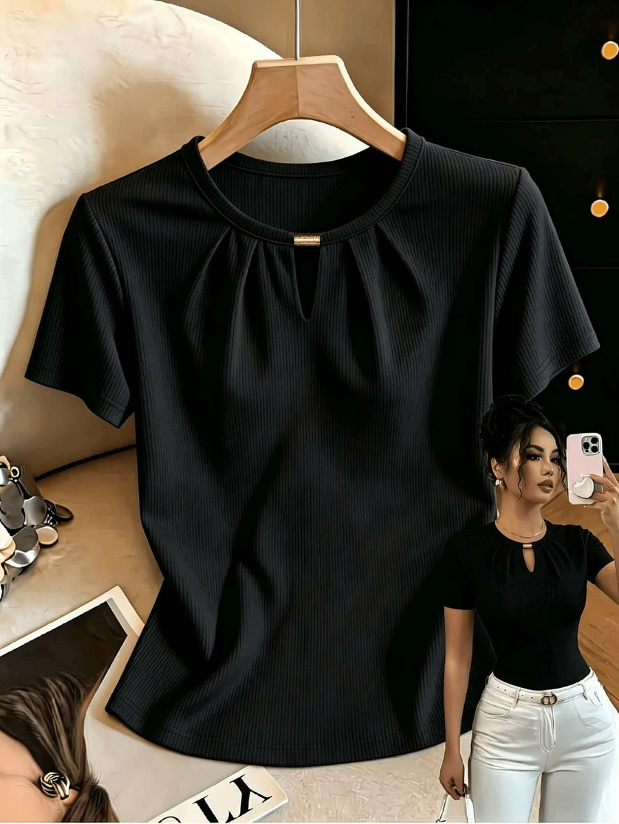 Women'S Summer Sexy Fitted Round Neck Metallic Embellished Hollow-Out Elegant Vacation Travel Short Sleeve T-Shirt - Black