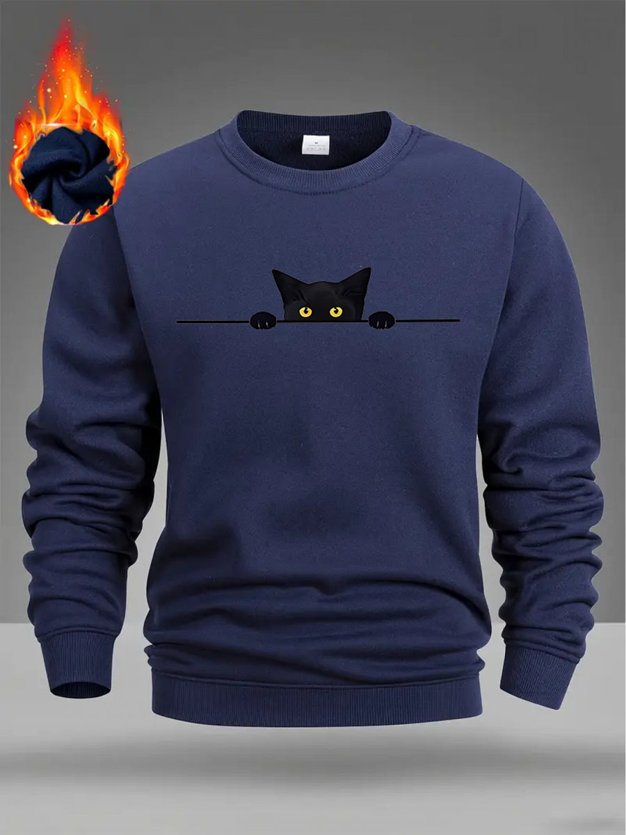 Men'S Stylish Print Sweatshirt Featuring a Cute Cat Design, Trendy Long-Sleeve Top, Round-Neck Sweatshirt, Streetwear Fashion, Perfect for Holiday Gifts - Navy Color