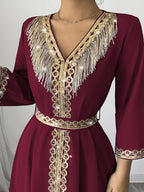 2026 New Abaya Robe Style Kimono Sleeve Long Dress V-Neck Caftan Robe Wrap Style Front Panel High Waist Empire Line Floor Length Dress Golden Lace Trim Sequined Embroidery Golden Bead Trim Golden Contrast Ruffle Tie Waist Skirt Muslim Fashion Arabic - Red