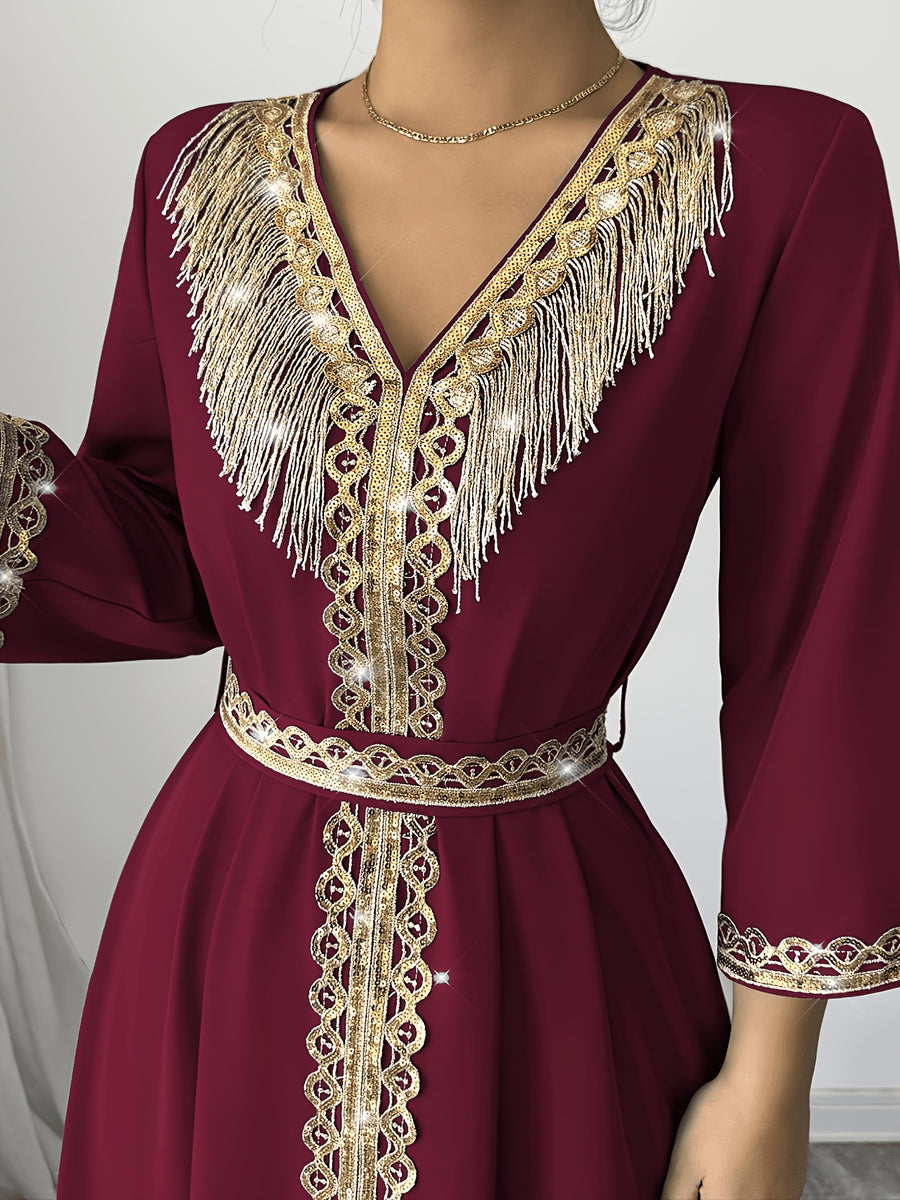 2026 New Abaya Robe Style Kimono Sleeve Long Dress V-Neck Caftan Robe Wrap Style Front Panel High Waist Empire Line Floor Length Dress Golden Lace Trim Sequined Embroidery Golden Bead Trim Golden Contrast Ruffle Tie Waist Skirt Muslim Fashion Arabic - Red
