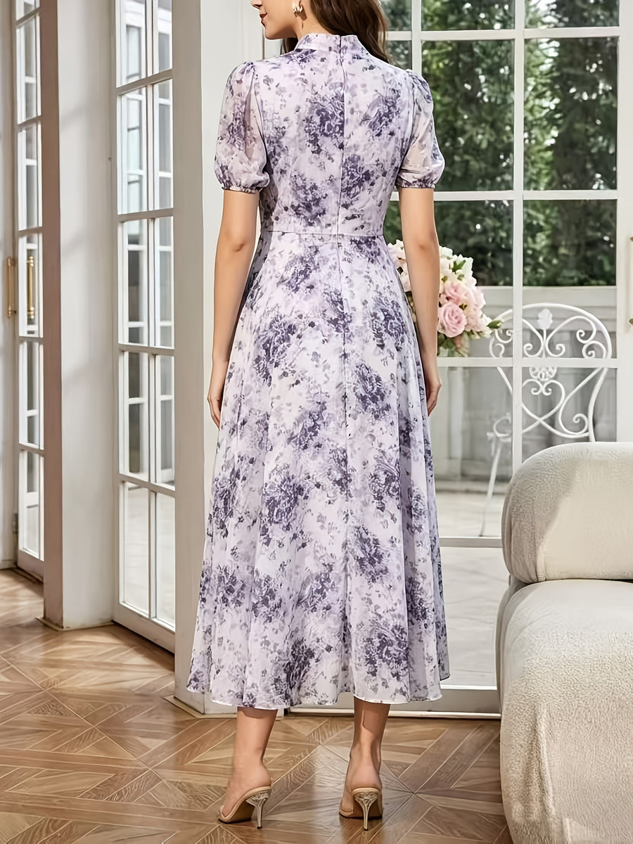 Women'S Dress, Fashion Stand Collar Tie-String Holiday Long Dress, Elegant Printed Fitted Short Sleeve Dress - Deep Purple