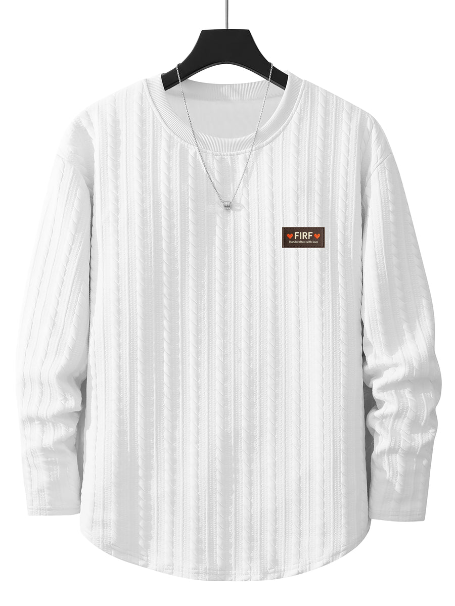 Men's Round Neck Fashionable Vintage Artistic Style Jacquard Knit Textured Fabric Autumn/Winter Long Sleeve Casual Outerwear Regular Fit Versatile Top for Dates, Gatherings, and Outings - White