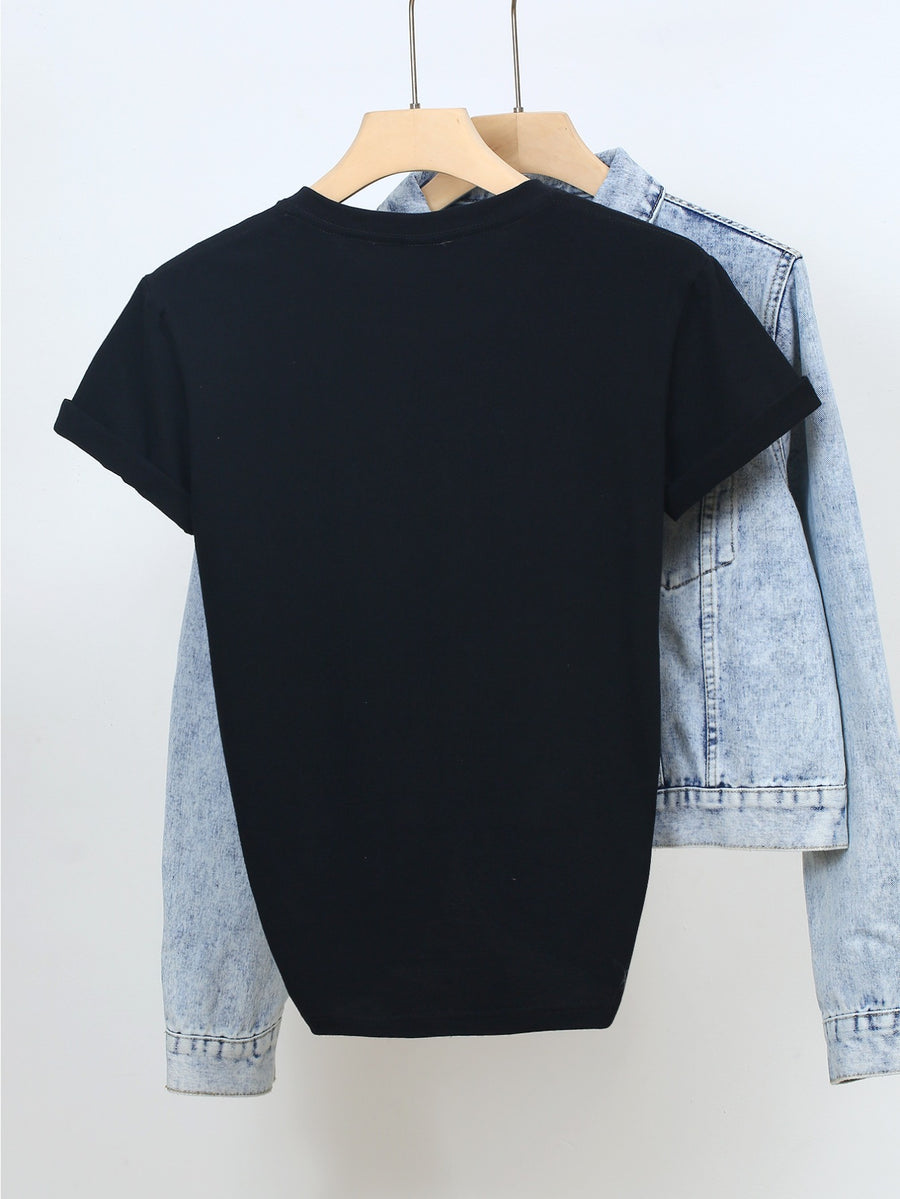 Disney Licensed Women'S Popular Printed Graphic T-Shirt Featuring Mickey And Minnie in a Trendy Street Style. This Short-Sleeve, Round-Neck Tee Has Multiple Prints on The Sleeves - Black