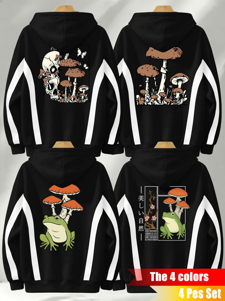 4pcs Set: Autumn/Winter Men's Pullover Hooded Sweatshirt with Diagonal Contrast Color Line Cut on Sleeves, Street Style Top. Features Adjustable Drawstring and Large Kangaroo Pocket for Storing Phones and Small Items. Made of Skin-Friendly - Black + Black + Black + Black