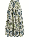 Women's Long Printed Layered Skirt, Non-stretch Fabric, Elastic Waist, Flowy Maxi Dress for Summer Vacation - Green