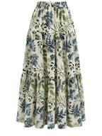Women's Long Printed Layered Skirt, Non-stretch Fabric, Elastic Waist, Flowy Maxi Dress for Summer Vacation - Green