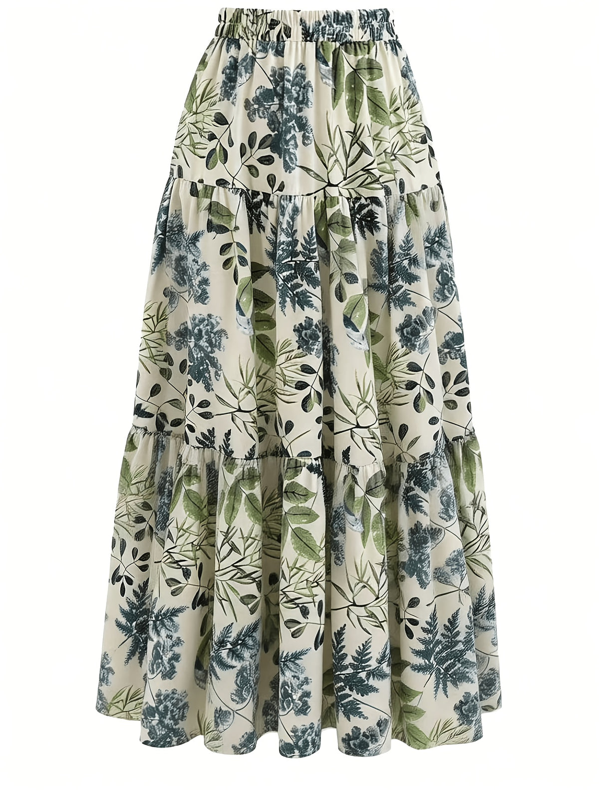 Women's Long Printed Layered Skirt, Non-stretch Fabric, Elastic Waist, Flowy Maxi Dress for Summer Vacation - Green