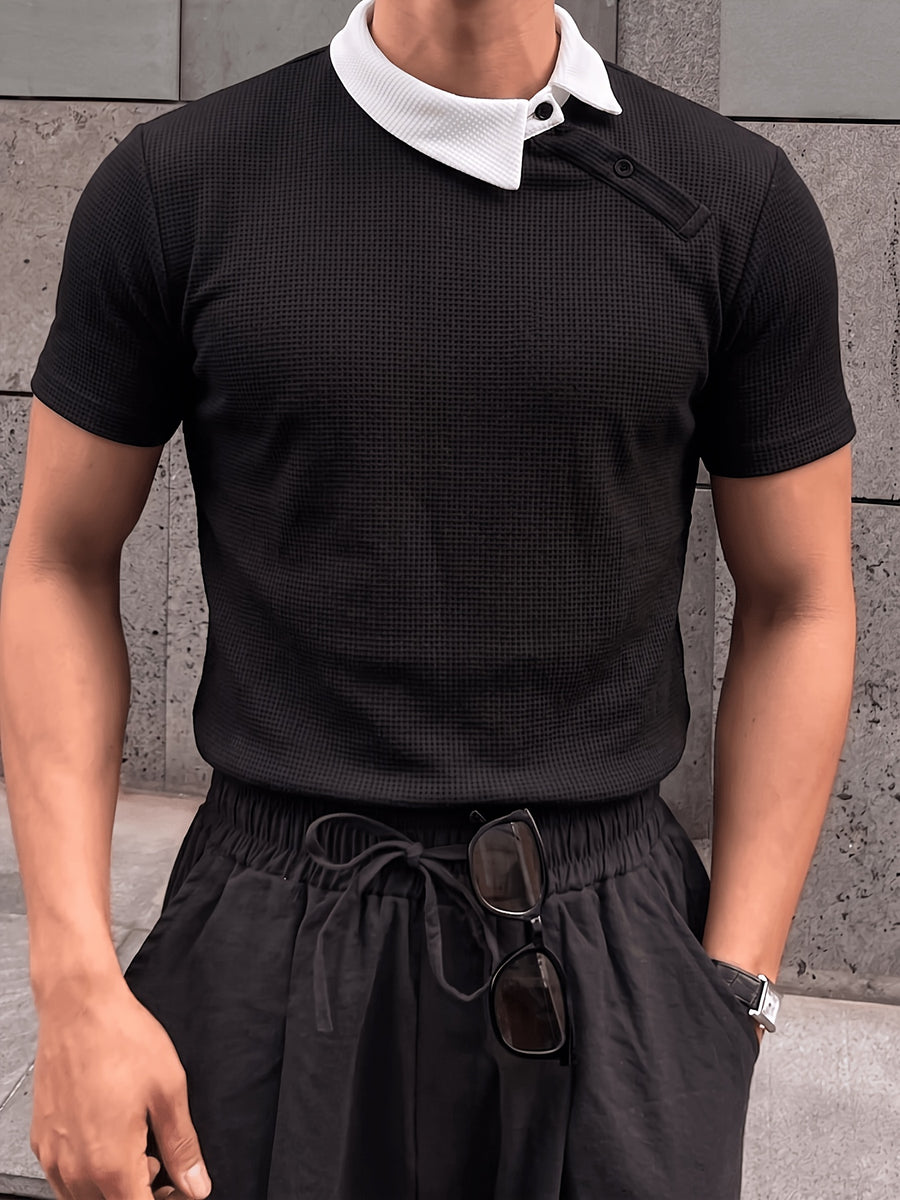 Summer Men'S Slanted Collar Contrast Polo Shirt, Black And White Patchwork Waffle Short Sleeve, Light Mature Style Business Casual Breathable T-Shirt - Midnight Black