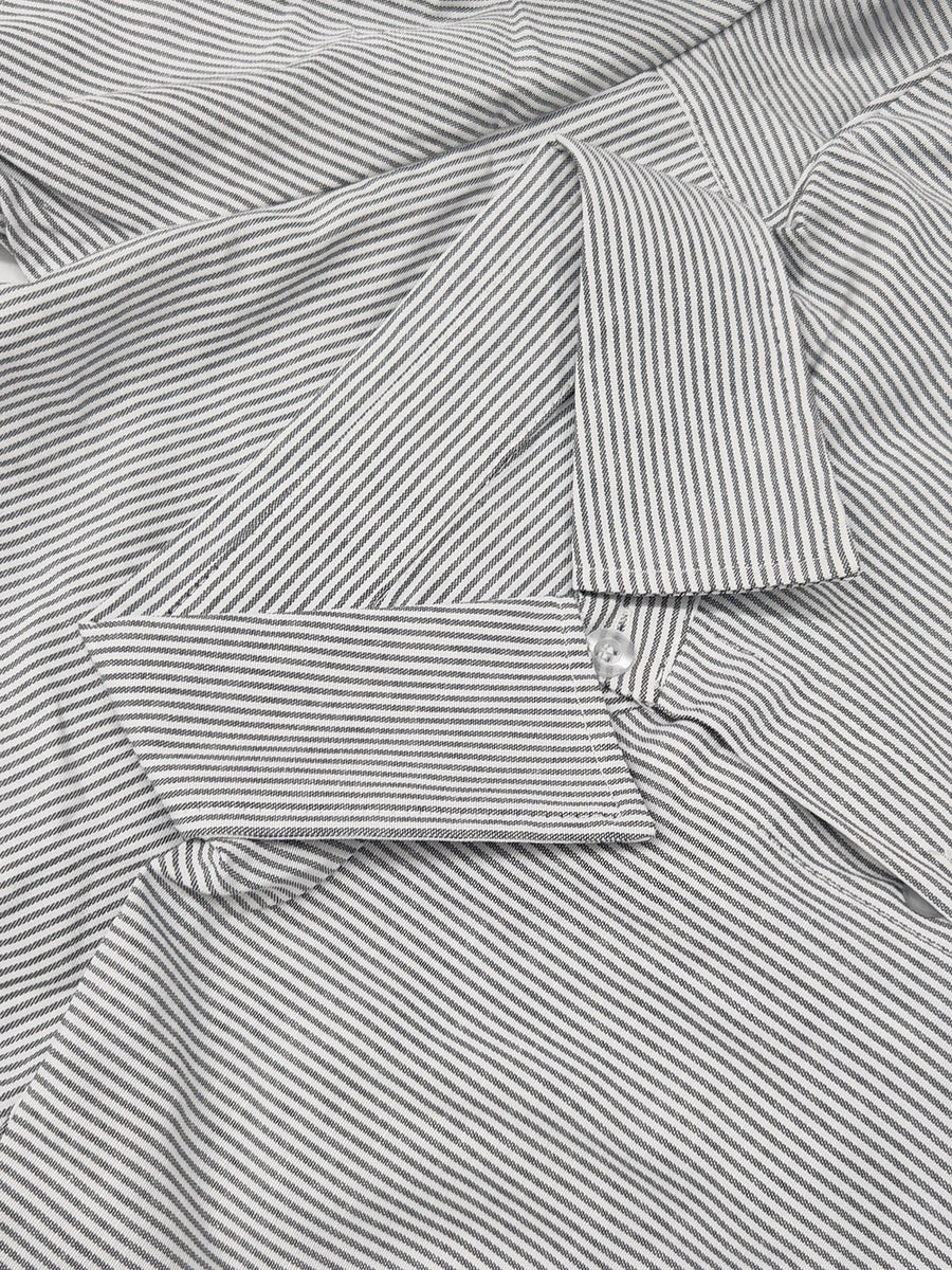 Summer Trendy New Men'S Versatile Basic Easy Individual Fun Back-Print Short Striped Loose Shirt - Grey