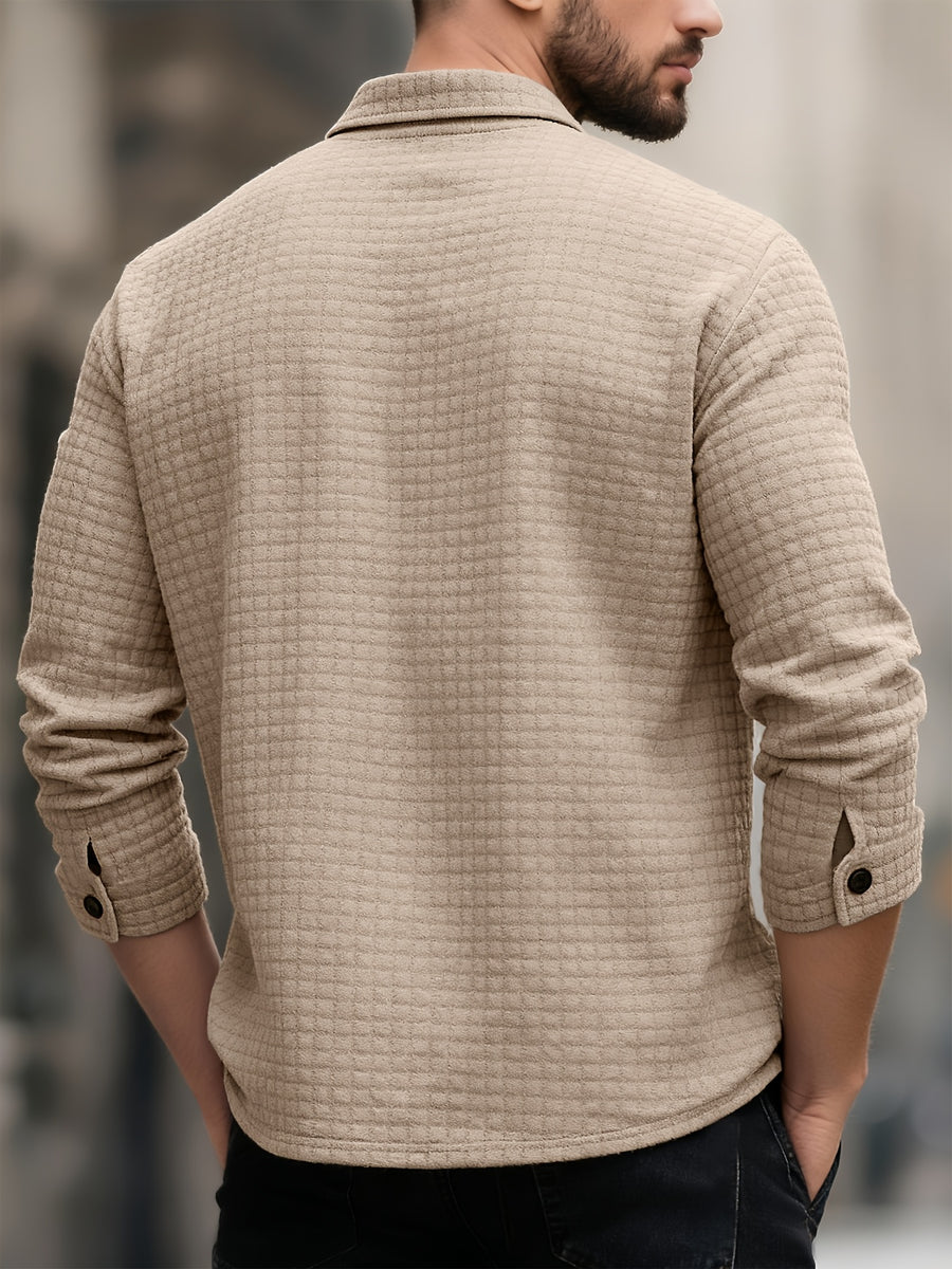 Men's Casual Solid-color Long-sleeve Shirt, Made of Comfortable Waffle-knit Fabric, Featuring a Double Chest Pocket Design, Front Button Placket, and a Loose-fit Lapel Open-front Cardigan Top, Suitable for Daily Wear and Commuting in Spring - Khaki