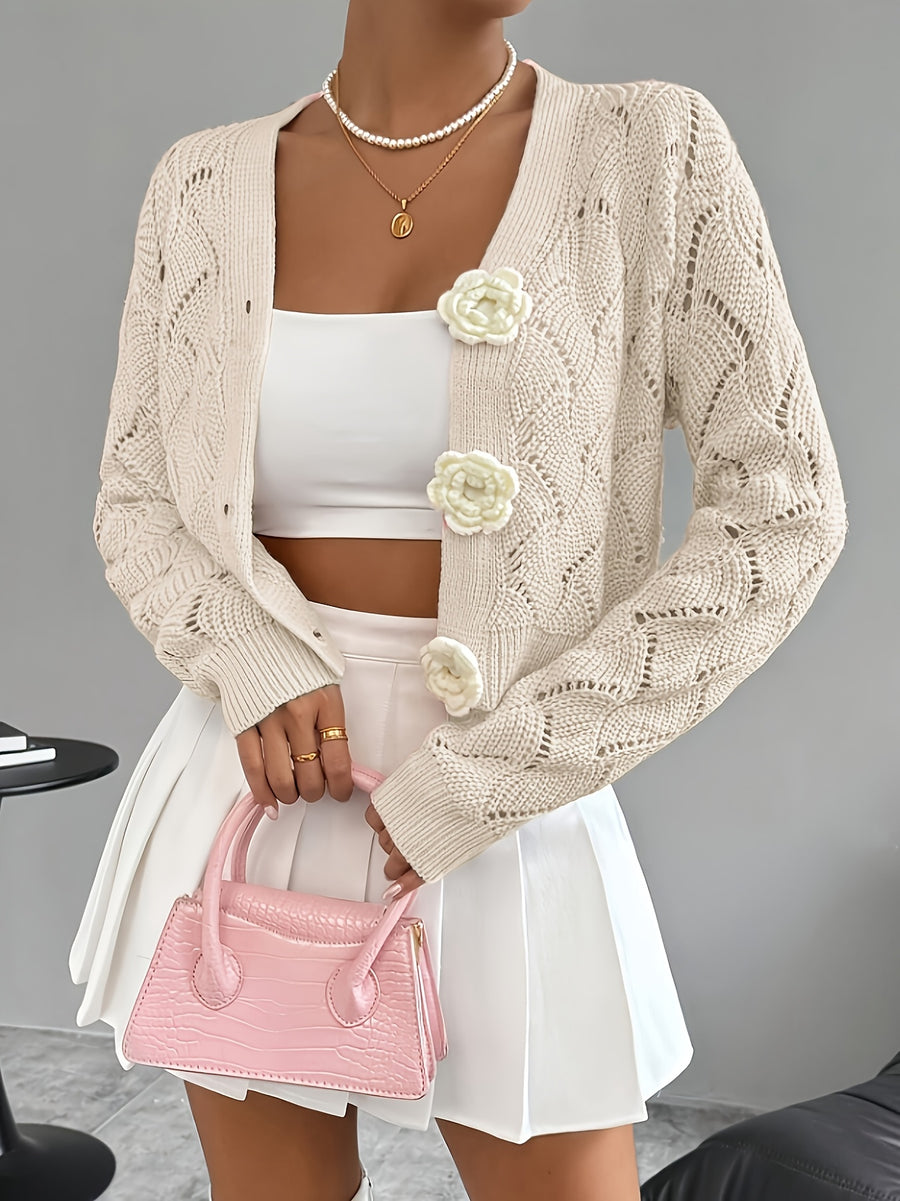 Spring 2026 Spring/Summer Women'S Handcrafted 3D Floral Embellishment Western Fashion Elegant Solid Lace Crochet Cardigan Top Jacket Women'S, Suitable for Daily Wear And Commuting, Spring Outing, All Seasons, Versatile Style - Apricot