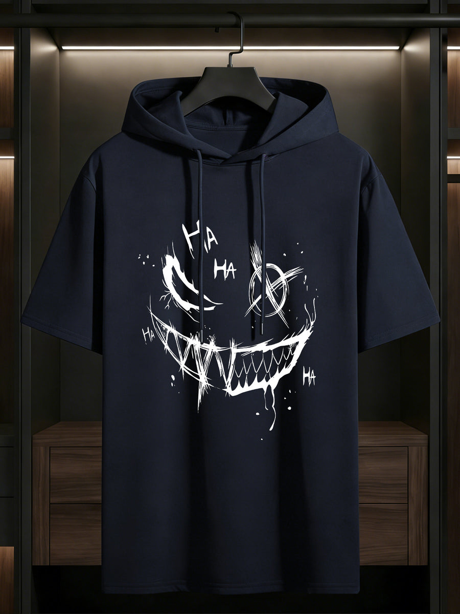 Men's Hooded Short-Sleeve Dark Graffiti Joker Print, a Summer Essential for Men. Features a Comfortable Patterned Print, Suitable for Multiple Occasions, and Is the Top Choice for Fitness and Outdoor Sports Enthusiasts - Navy Color