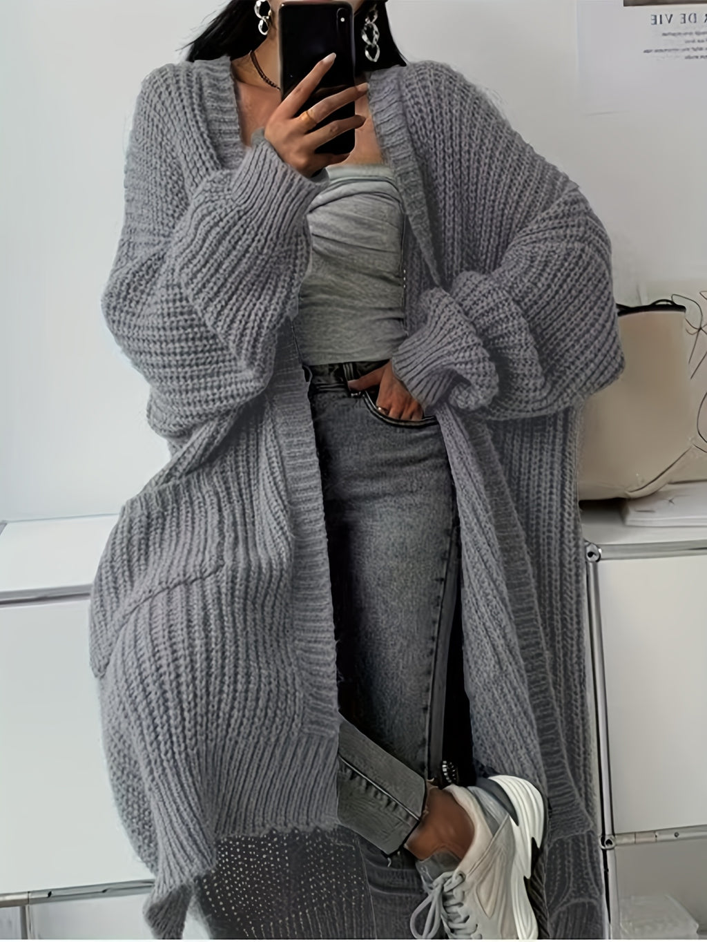 New Autumn and Winter European and American Style Women's Open Front Long Sleeve Casual Sweater Cardigan - Grey