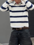 ANDREILEE Men's Sweater with Polo Collar & Striped Horizontal Stripe - Loose Fit Warm Winter Sweaters Suitable for Home, Office, Commuting, Casual Layering, Hand Washable Top - Apricot