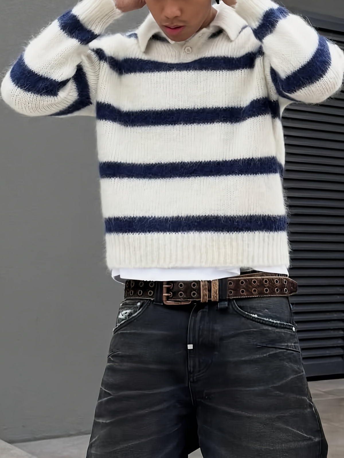 ANDREILEE Men's Sweater with Polo Collar & Striped Horizontal Stripe - Loose Fit Warm Winter Sweaters Suitable for Home, Office, Commuting, Casual Layering, Hand Washable Top - Apricot