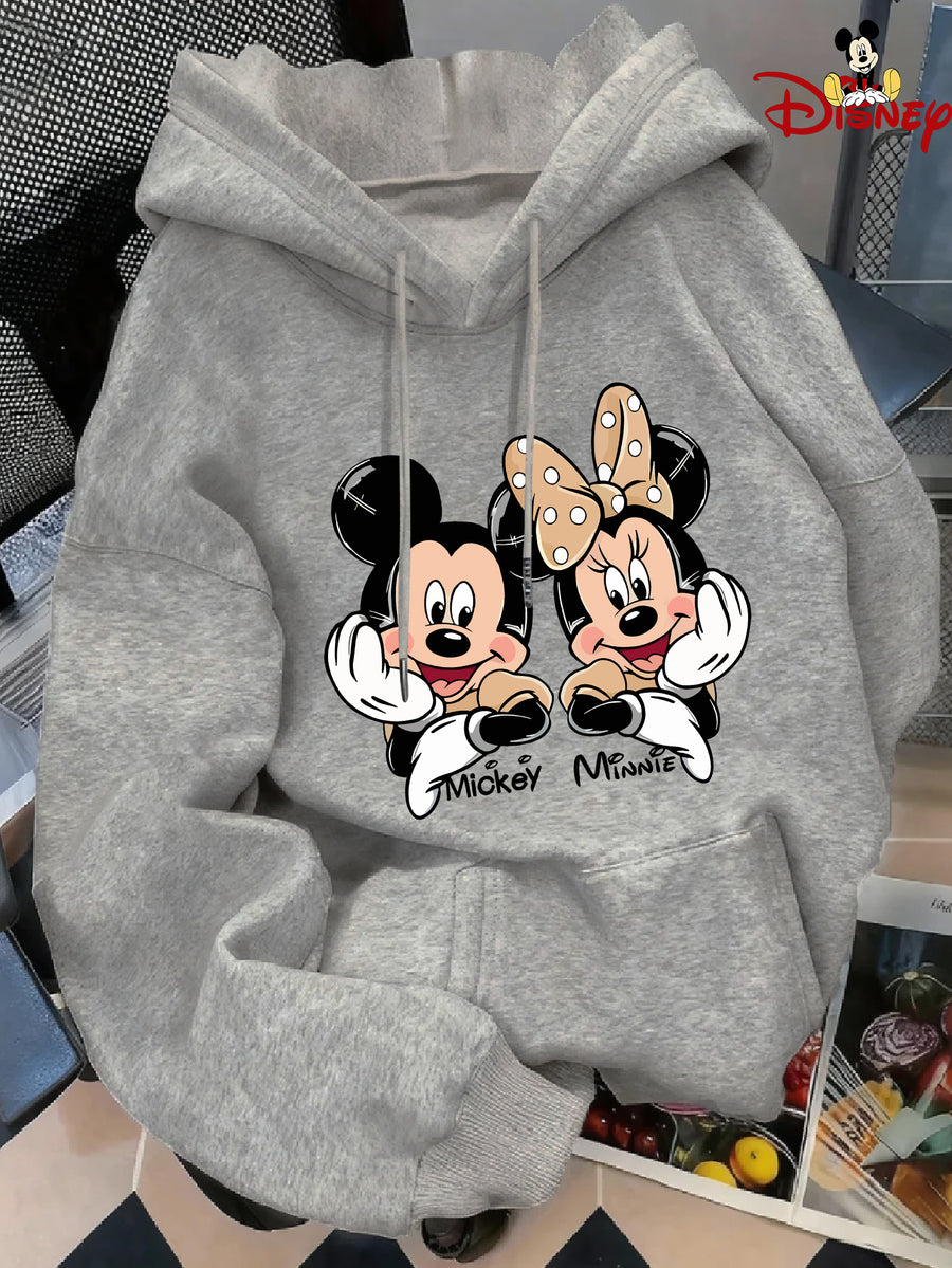 Cute Style Mickey Minnie Face Print Japanese Hooded Sweatshirt, Casual Comfortable Kangaroo Pocket Pullover Top - Light Grey