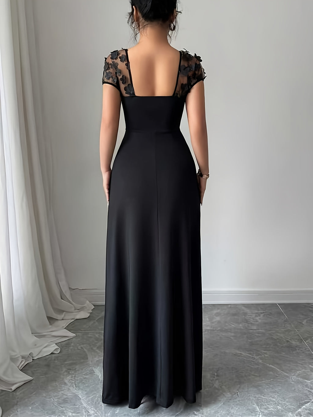 Women's Elegant A-Line Wedding Bridesmaid Dress with Tulle Panel & Waist-Cinched Bodice - Square Neck Tailored Dress Suitable for Prom, Parties, Special Occasions, Machine Washable Long-Length Dress - Black
