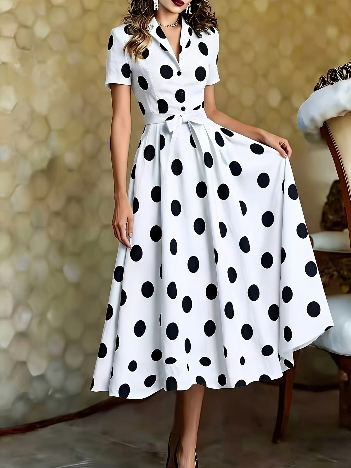 2026 Mid-Length Dress, Short Sleeve, Cape Neckline, Polka Dot Pattern, Button-Up Design, French Retro Style, White - White