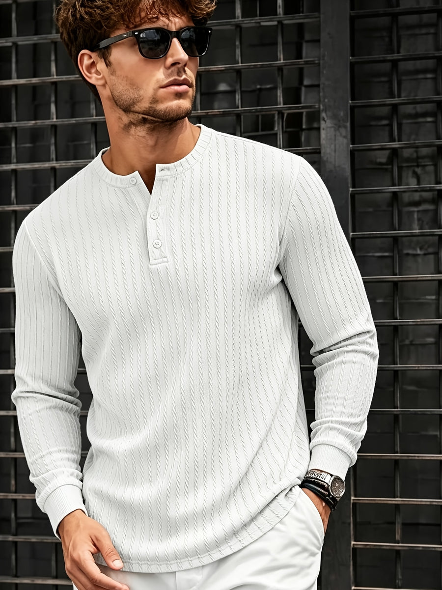 Men'S New Knit Retro Stretch Top, Textured Casual Loose Commuter All-Match Long Sleeve Henley Shirt - White